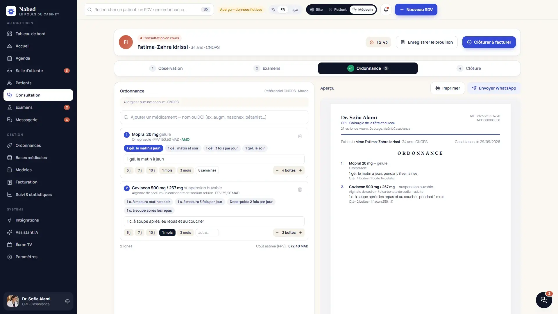 Rédaction d'une ordonnance dans Nabed avec la base de médicaments marocains